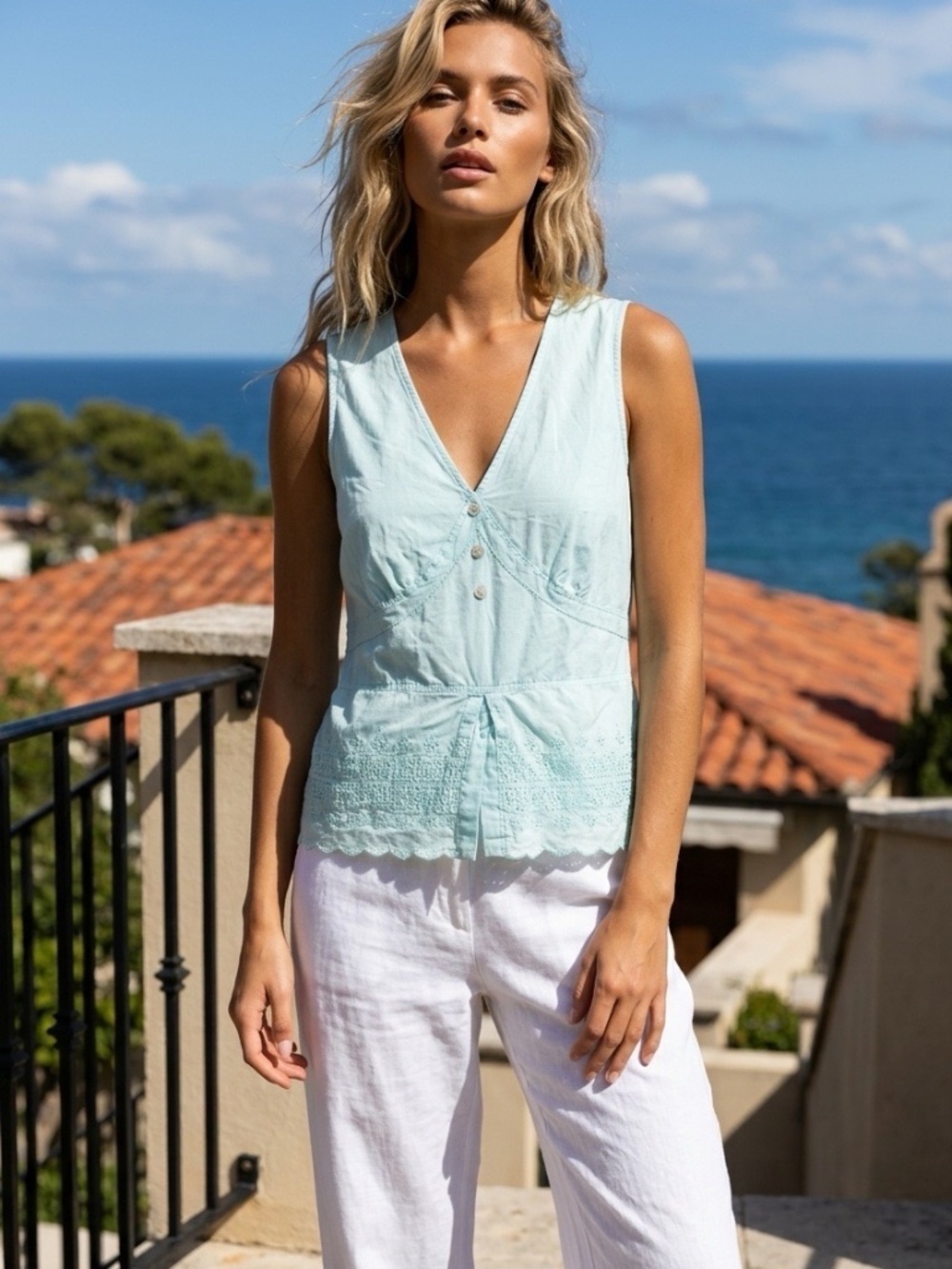 Columbia Aqua Babydoll Top Pointelle Beachy Coastal Women Small Lagenlook Dainty